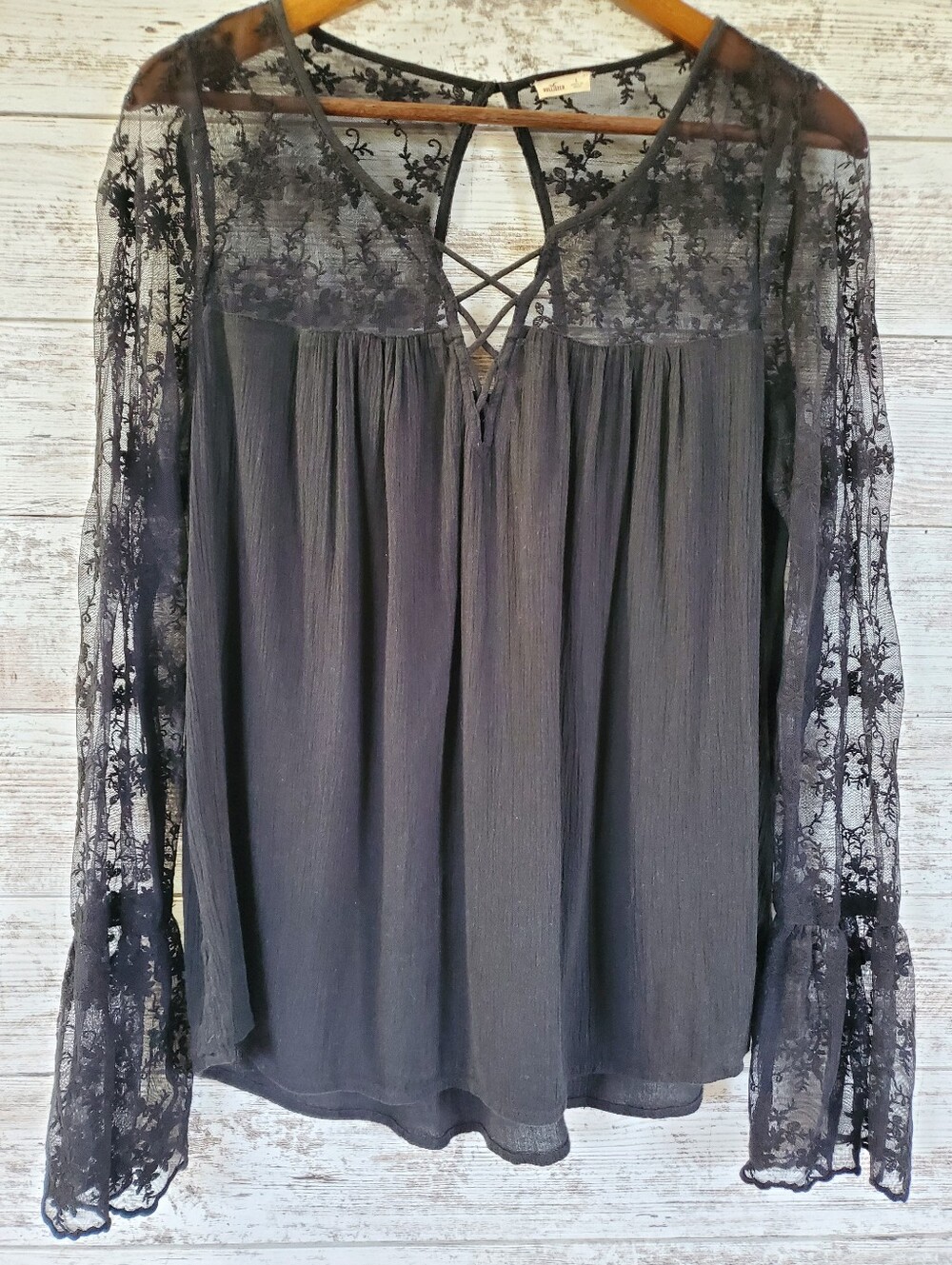 Hollister Black Lace Bell Sleeve Gauze Peasant Blouse Boho Whimsigoth Top